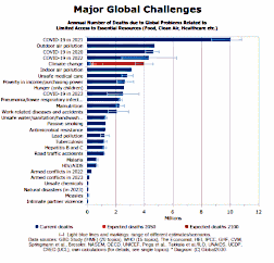 Numbers of deaths from major global challenges according to UN and GBD data of 2024 Bar diagram on annual numbers of deaths from major global challenges according to UN and GBD data of 2024.