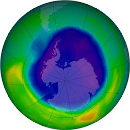 Image of ozone hole from September 13, 2007 (created with data collected from the NASA Aura satellite) 